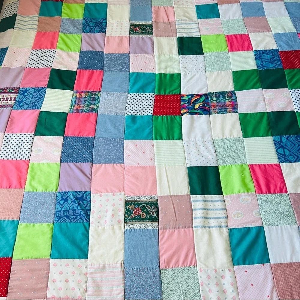 65”x92” Vintage 70’s Patchwork Crazy Squares Cotton Quilt.